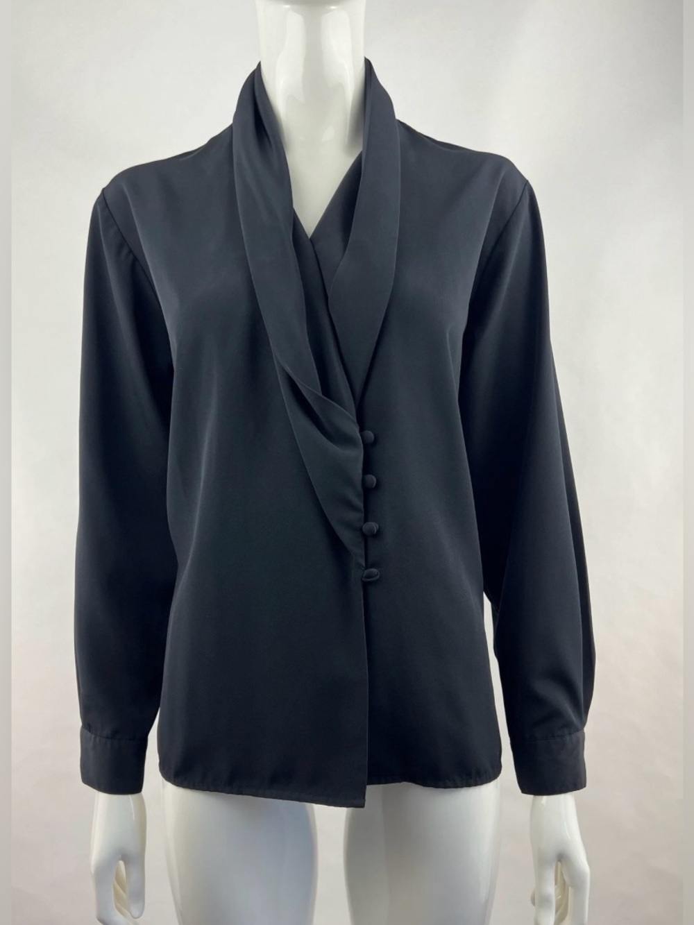 Vintage 80s Sasson Paris New York Black Shawl Collar Wrap Blouse Size 10